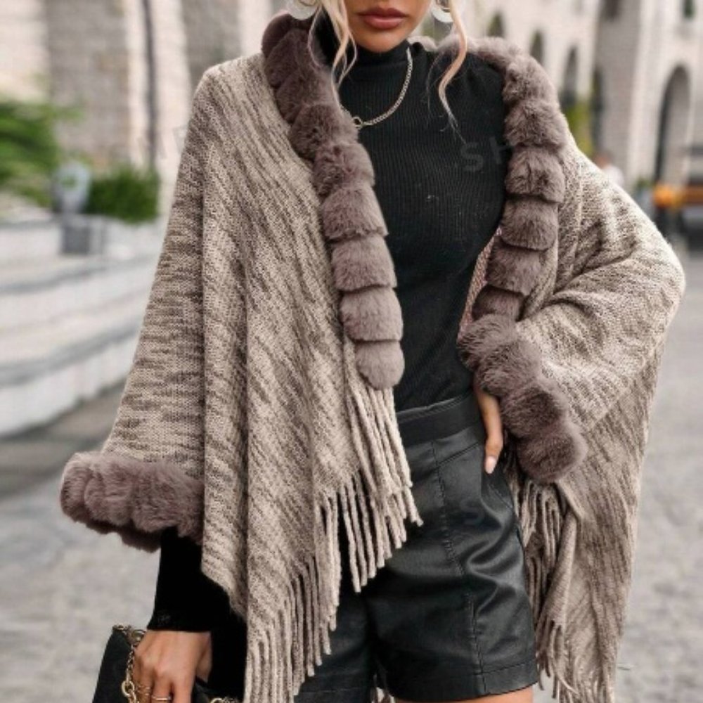 Khaki  Faux Fur Fringe Hem Cardigan
